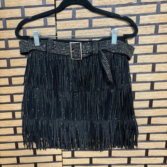 Kiwi Black Fringe Stud Belted Skirt Size Small - Picture 2 of 8